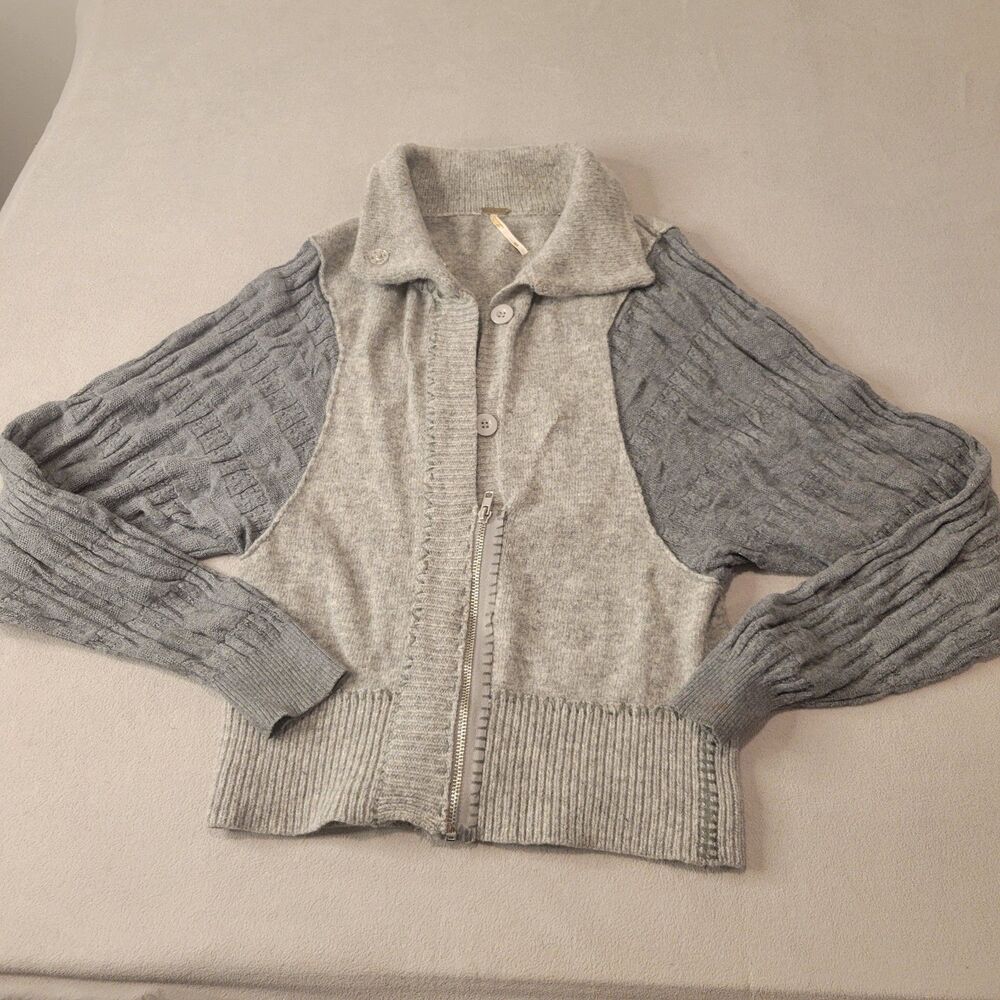 Free People Gray Wool Blend Mock Neck Zip Button Cardigan Sweater Sz m